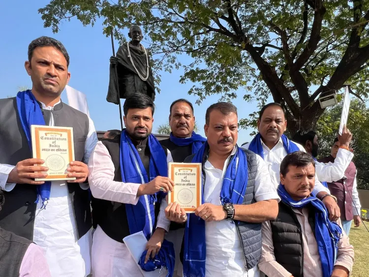 Congress Legislators in Blue Staged a Protest at the Madhya Pradesh Assembly Holding the Constitution